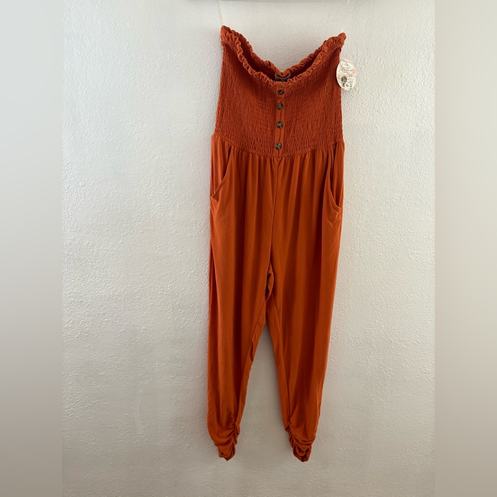 Jolie & Joy strapless ruched hem orange romper size L